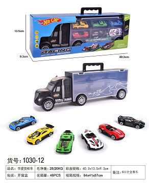 手提礼盒货柜滑行拖头车带6只滑行合金赛车