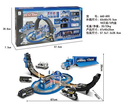 Deformable tyre alloy police car park set (with 6 cars +1 tractor)