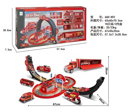 Deformable tyre alloy fire car park set (with 6 cars +1 tractor)