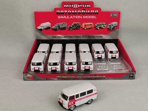 1:43, 12 display boxes Russian bus ambulance recovery alloy car (03 red and white)