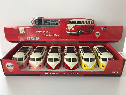 1:32 Volkswagen bus alloy resilience sports car, open the door, (6 pieces in a display box, 1 style in 3 colors mixed)