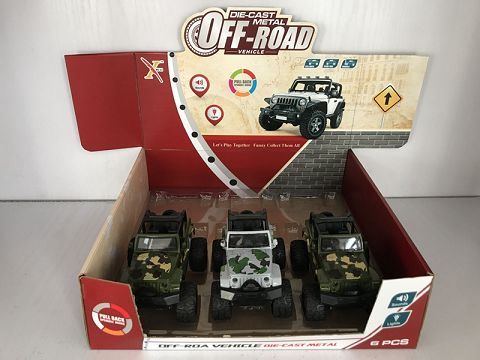 1:32 wrang man (convertible) alloy power return large wheeled military vehicle,2 doors, lights with sound and light (1 style,2 colors mixed with 6 pieces in one display box)
