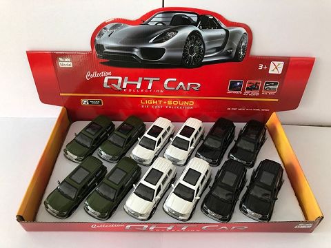 1:32 Toyota domineering alloy sports car with 4 doors and sound and light in the front and inside lights (12 in a display box and one in mixed colors)