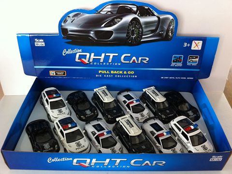 1:32 BMW mini cool bar, porsche 918. Lamborghini bat, land rover aurora alloy recoil police car, door open (four two-color mixed 12 in one display box)