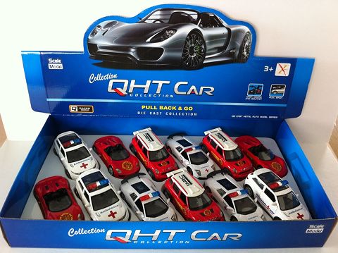 1:32 BMW mini cool bar. Porsche 918. Lamborghini bat. Land rover aurora alloy recoil fire truck, ambulance, door open (four two-color mixed pack 12 pieces in one display box)