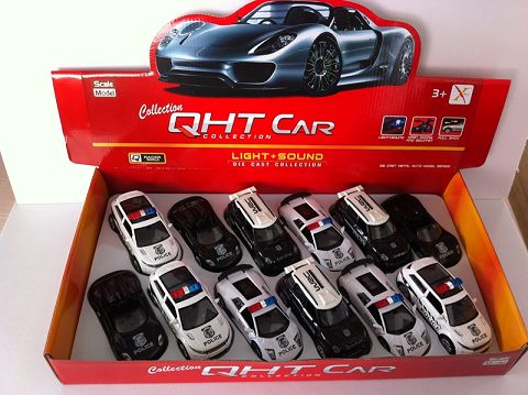 1:32 BMW mini cool bar, porsche 918. Lamborghini bat, land rover aurora alloy recoil police car with open door, sound and light in front light (four two-color mixed 12 in one display box)