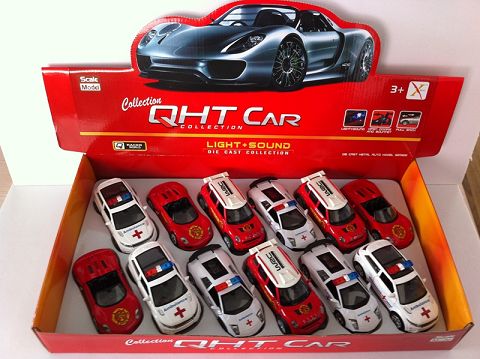 1:32 BMW mini cool bar, porsche 918. Lamborghini bat, land rover aurora alloy fire engine, ambulance, door open, sound and light in front light (four two-color mixed 12 in one display box)