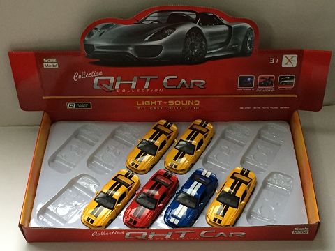 1:32野马合金回力跑车,4开门，前内灯带声光（12只装一展示盒,一款各三色混装）