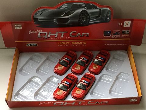 1:32野马合金回力消防车,4开门，前内灯带声光（12只装一展示盒,一款一色混装）