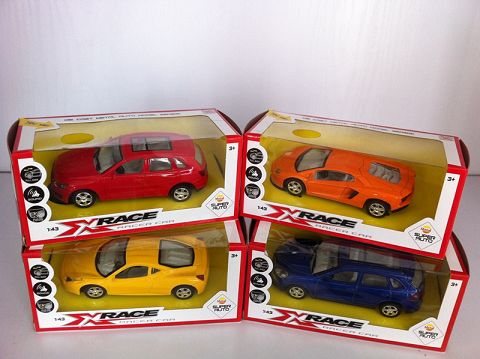 1:43合金回力跑车，前灯带声光（开窗盒,四款各二色混装）