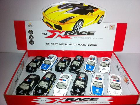 1:43合金回力警车，前灯带声光（四款二色混装12只装一展示盒）