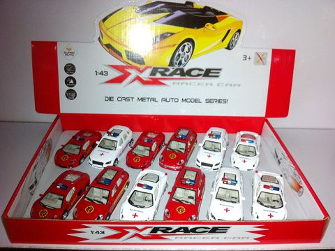 1:43合金回力消防车，救护车，前灯带声光（四款二色混装12只装一展示盒）
