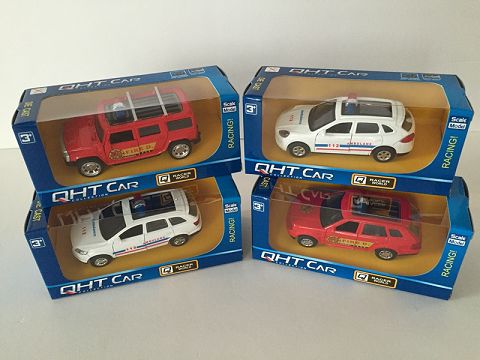 1:39悍马，路虎，Q7，保时捷合金回力消防车,2开门（开窗盒,四款各一色混装）