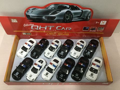 1:33马沙拉帝，阿斯顿马丁，宾利，大黄蜂合金回力警车,2开门，前内灯带声光（12只装一展示盒,四款各一色混装）