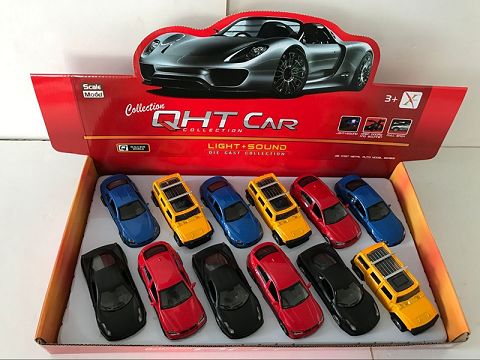 1:32宝马X6，M5，法拉利，悍马，合金回力跑车,2开门，前内灯带声光（12只装一展示盒,四款各一色混装）