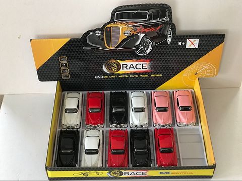 1:32合金回力老爷车跑车,2开门，前内灯带声光（12只装一展示盒,1款4色混装）