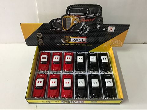 1:32合金回力老爷车警车,2开门，前内灯带声光（12只装一展示盒,1款2色混装）