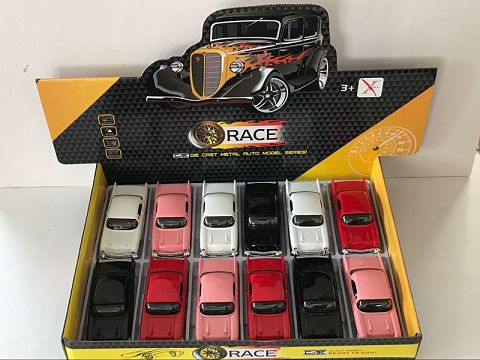 1:32合金回力老爷车跑车,2开门，前内灯带声光（12只装一展示盒,1款4色混装）