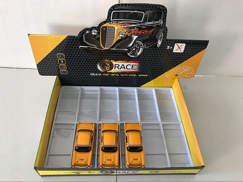 1:32合金回力老爷车的士车,2开门，前内灯带声光（12只装-展示盒,1款1色混装）
