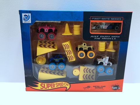 Two mixed loads of 4 cross-country sliding alloy cars with 1 sliding alloy equation car +10 road block accessories (color wheels)