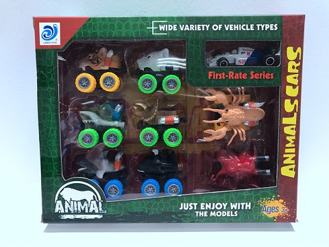 8 types/box animal car with 1 sliding alloy equation car (color wheel)