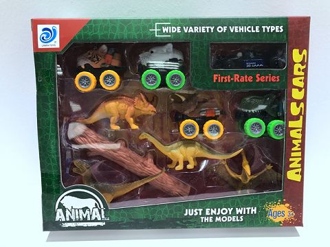 4 types/box return force animal cars with 1 sliding alloy equation car &4 Pvc dinosaurs (color wheel)