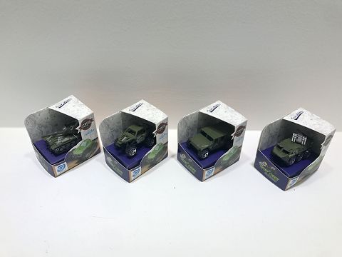 Four mixed gliding alloy military vehicles