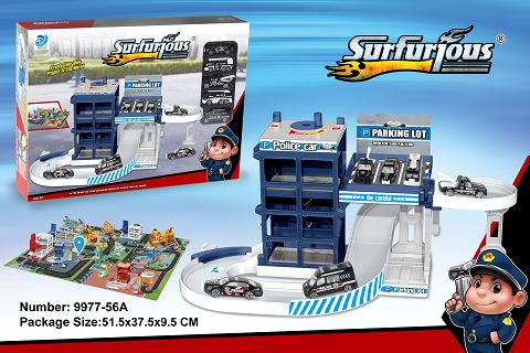 Rotating police parking lot +48PCS puzzle with 5 alloy cars
