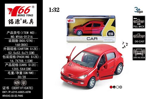 1:32 Peugeot (206) two - door alloy car with light music 1 two - color