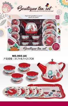 过家家马口铁大红古典花茶具