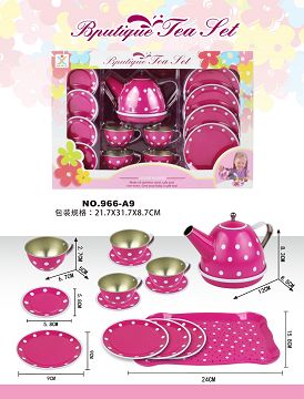 过家家马口铁粉红点花茶具