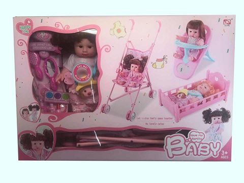 12声包电饰品配件+手推车+吃椅+婴儿床30CM搪胶公仔