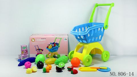 Shopping cart with fruit and vegetables +5 small boxes 19PCS (mixed with two colors)