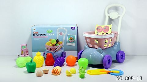Shopping cart with fruit and vegetables +5 small boxes 19PCS (mixed with two colors)