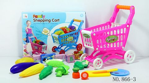 Shopping cart with fruit and vegetables +5 small boxes 16PCS (mixed with two colors)