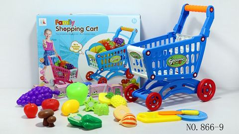 Shopping cart with fruits and vegetables +5 small boxes 18PCS (mixed with two colors)