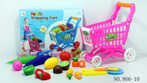 Shopping cart with fruits and vegetables +5 small boxes 18PCS (mixed with two colors)