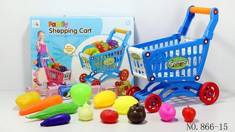 Shopping cart with fruit and vegetables +5 small boxes 17PCS (mixed with two colors)