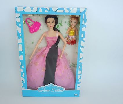11.5-inch multi-articulated long hair doll + small baby + handbag