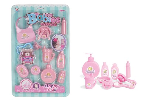 With rattle, bottle, mirror comb, cutlery, bath supplies
