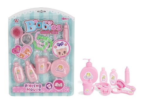 With rattle, bottle, mirror comb, cutlery, bath supplies