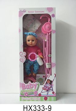 14 "blown bottle doll with plastic cart, baby bottle, diaper sheet, bedpan meal paper box, 6 sound IC, bag 3*AG13