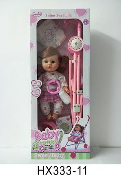 14 "blown bottle doll with iron cart, baby bottle, diaper sheet, bedpan, meal carton with 6 sound IC, bag 3*AG13