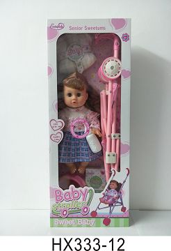 14 "blown bottle doll with iron cart, baby bottle, diaper sheet, bedpan, meal carton with 6 sound IC, bag 3*AG13