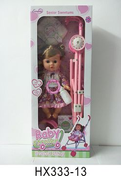 14 "blown bottle doll with iron cart, baby bottle, diaper sheet, bedpan, meal carton with 6 sound IC, bag 3*AG13