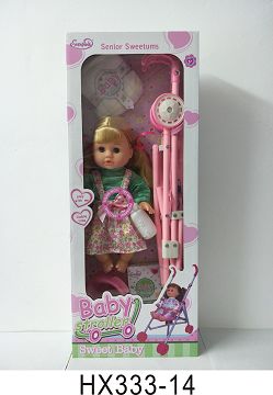 14 "blown bottle doll with iron cart, baby bottle, diaper sheet, bedpan, meal carton with 6 sound IC, bag 3*AG13