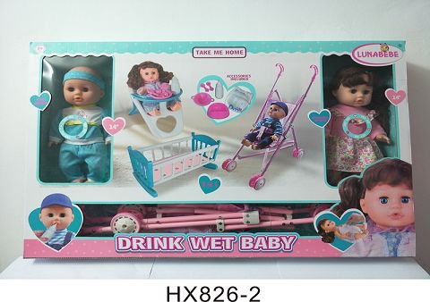 Two 14-inch drinking water and urine dolls with dining chairs, iron trolley with 6-sound IC