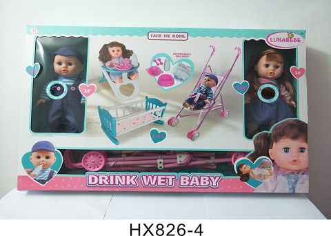 Two 14-inch drinking water and urine dolls with dining chair, plastic trolley with 6-sound IC
