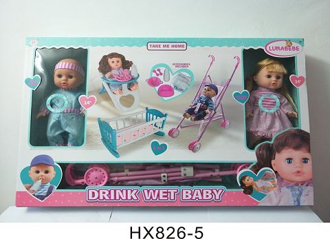 Two 14-inch drinking water and urine dolls with dining chair, plastic trolley with 6-sound IC
