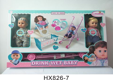 Two 14-inch drinking water and urine dolls with dining chair, plastic trolley with 6-sound IC